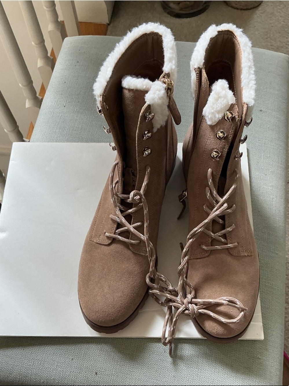 KATE SPADE Women’s Taupe Faux-Suede Lace-Up Ankle Boots with White Faux-Fur Trim